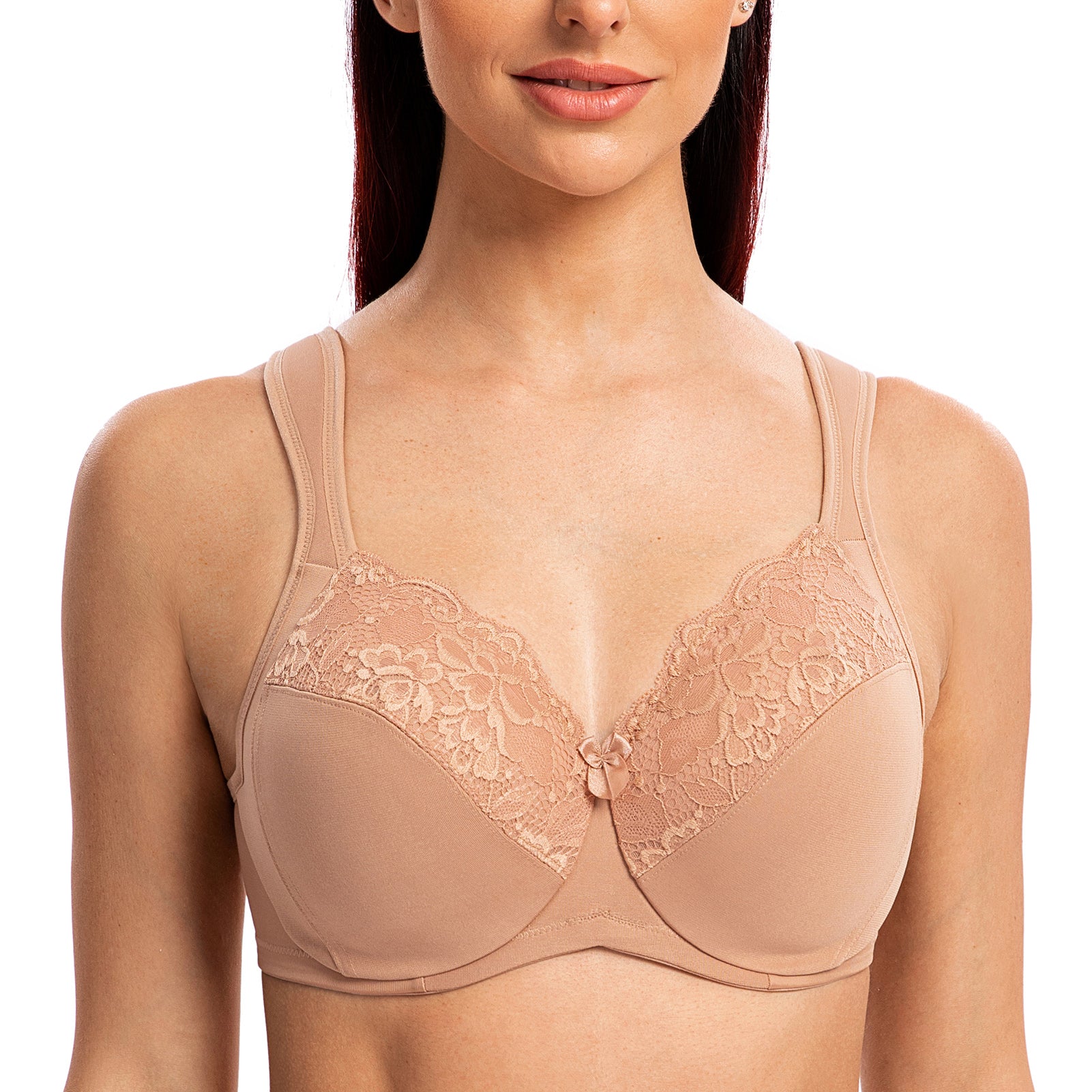 MELENECA Front Closure Bras for Women Plus Size Underwire Unlined Lace Cup  Cushion Strap Beige 34B at  Women's Clothing store